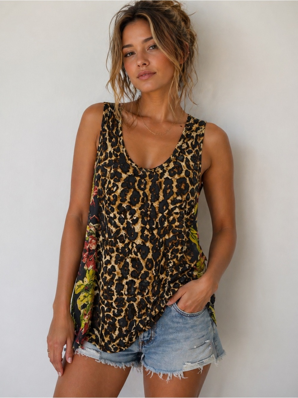 Denim & Supply Ralph Lauren Sheer Leopard Floral Tank Top Boho Y2K Tunic large